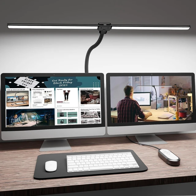 Main image of ShineTech LED Desk Lamp for Home Office, 5000K Bright Double Head Architect Task Lamps with Clamp, Dimmable Adjustable Flexible, Black