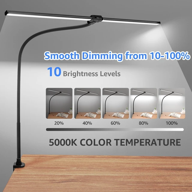 Alt view image 2 of 5 - ShineTech LED Desk Lamp for Home Office, 5000K Bright Double Head Architect Task Lamps with Clamp, Dimmable Adjustable Flexible, Black