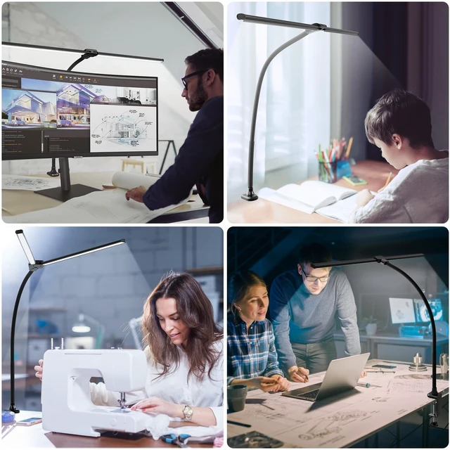 Alt view image 5 of 5 - ShineTech LED Desk Lamp for Home Office, 5000K Bright Double Head Architect Task Lamps with Clamp, Dimmable Adjustable Flexible, Black