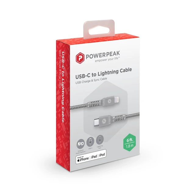 Alt view image 2 of 5 - POWERPEAK USB-C to Lightning Cable, 6ft Braided Nylon Metallic iPhone Charger Cord, (MFi Certified) Sync Cable Compatible with iPhone Lightning Port Devices ^^ Silver