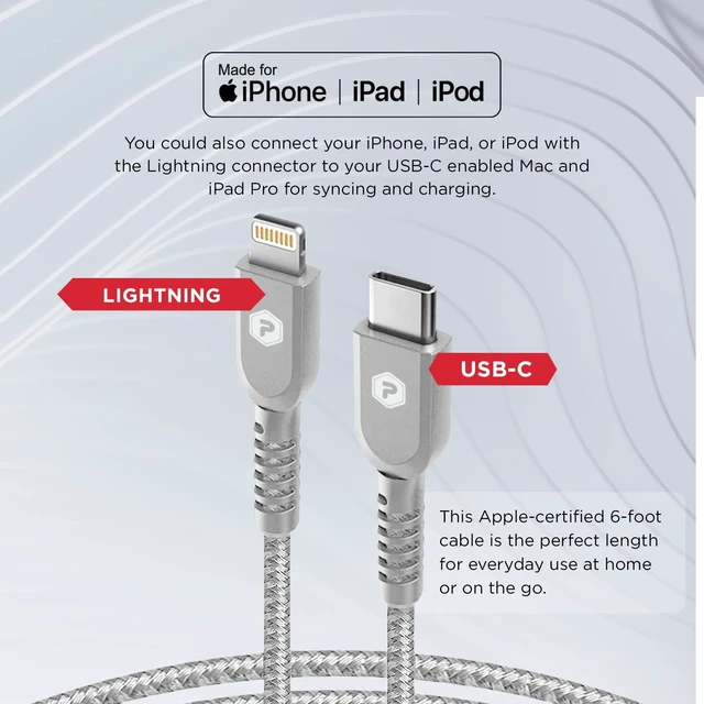 Alt view image 4 of 5 - POWERPEAK USB-C to Lightning Cable, 6ft Braided Nylon Metallic iPhone Charger Cord, (MFi Certified) Sync Cable Compatible with iPhone Lightning Port Devices ^^ Silver