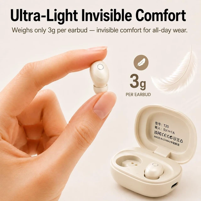 Alt view image 2 of 5 - CUAUUO Invisible Earbuds for Small Ears, Super Light Mini Sleeping Headphones with Bluetooth 5.4, 30H Battery Case for Side Sleepers Office Gym Skin