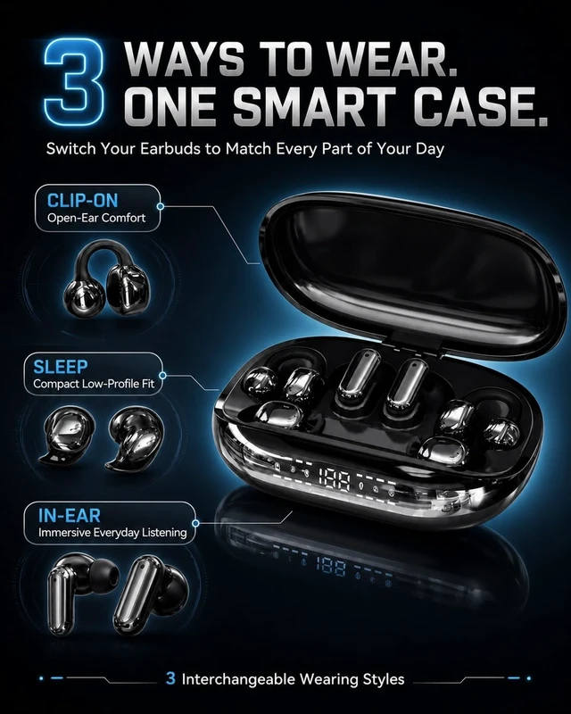 Alt view image 2 of 5 - 6 Earbuds in One Case 3-in-1 Bluetooth Wireless Earbuds with Chargeable Power Bank Case Interchangeable Clip-On, In-Ear & Sleep Earphones, APP EQ, Low Latency Headphones for Sports Travel(Purpl
