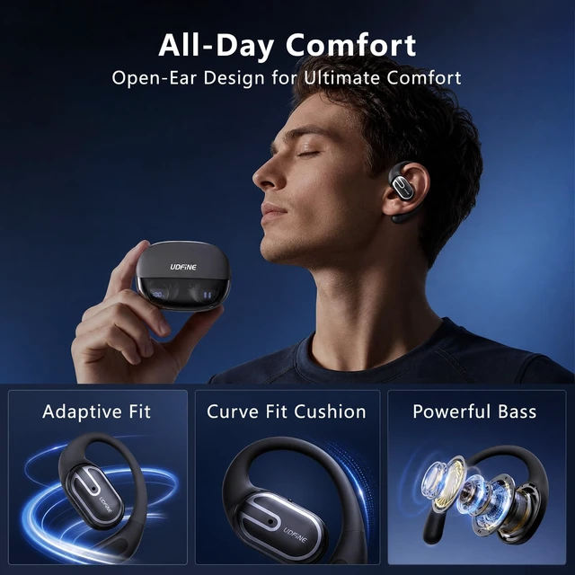 Alt view image 2 of 5 - UDFINE Open-Ear Headphones, Adjustable Ear Hooks, Ultra-Comfort, Snug Fit, Powerful Sound, Clear Calls, IPX6, 40H Playtime, Bluetooth 5.4 Wireless Earbuds, Multipoint Connection, OpenFit (Black