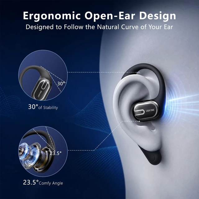 Alt view image 5 of 5 - UDFINE Open-Ear Headphones, Adjustable Ear Hooks, Ultra-Comfort, Snug Fit, Powerful Sound, Clear Calls, IPX6, 40H Playtime, Bluetooth 5.4 Wireless Earbuds, Multipoint Connection, OpenFit (Black