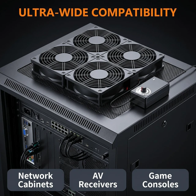 Alt view image 2 of 5 - Eiovnur Adjustable Speed 4 Fans Cooling Pad, 4x120mm Computer Fan with AC Power Speed Controller Cooling for Game Console Laptop Router Network Cabinet