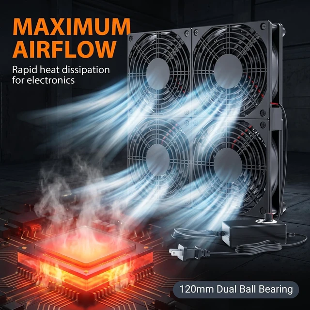 Alt view image 3 of 5 - Eiovnur Adjustable Speed 4 Fans Cooling Pad, 4x120mm Computer Fan with AC Power Speed Controller Cooling for Game Console Laptop Router Network Cabinet