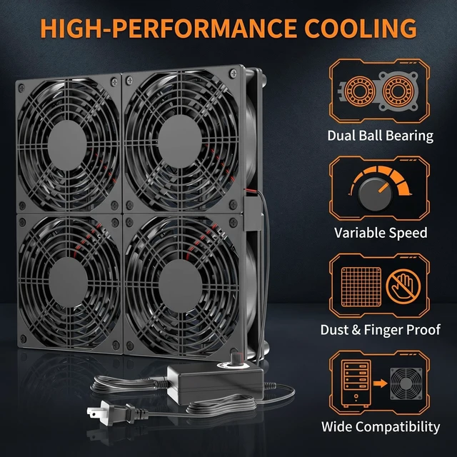 Alt view image 4 of 5 - Eiovnur Adjustable Speed 4 Fans Cooling Pad, 4x120mm Computer Fan with AC Power Speed Controller Cooling for Game Console Laptop Router Network Cabinet