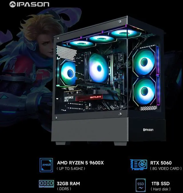 Alt view image 2 of 7 - IPASON Xelra Gaming Desktop PC,AMD Ryzen5 9600X,Geforce RTX 5060 8G,16GB DDR5,1TB NVMe SSD,Wi-Fi,Windows 11 Home,Black Prebuilt Pc Computer
