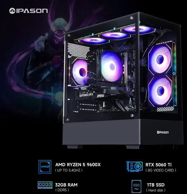 Alt view image 2 of 7 - IPASON Ryvex Gaming Desktop PC , Ryzen5 9600X, Geforce RTX 5060 Ti ,MSI B650M 32GB DDR5 1TB NVMe SSD, 650W GOLD PSU, Wi-Fi,ARGB Fans , Windows 11 ,Prebuilt Gaming Pc New compute