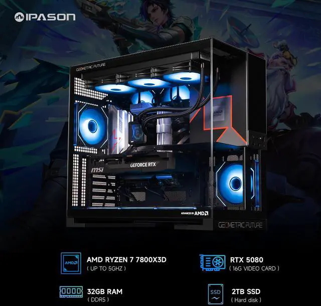 Alt view image 2 of 7 - IPASON Zyron Gaming Desktop, AMD Ryzen7 9800X3D, NVIDIA RTX5080 16G, 32GB DDR5 RAM, 2TB M2 NVMe, Windows 11 ,WIFI, 360mm Liquid Cooler, ARGB Fans, AI Ready,1250W Gold PSU, Prebuilt Gaming Pc
