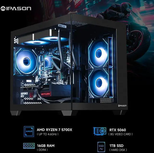 Alt view image 2 of 7 - IPASON Xelra Gaming Desktop PC , Ryzen7 5700X, Geforce RTX 5060 8G , 16GB DDR4,1TB NVMe SSD,550W  PSU, Liquid Cooler,Wi-Fi,ARGB Fans , Windows 11  ,Prebuilt Gaming Pc New compute