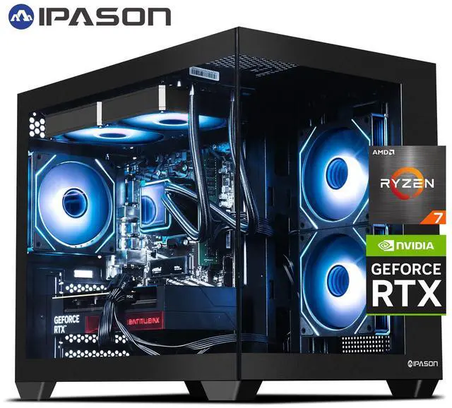 IPASON Xelra Gaming Desktop PC , Ryzen7 5700X, Geforce RTX 5060 8G , 16GB DDR4,1TB NVMe SSD,,550W  PSU, Liquid Cooler,Wi-Fi,ARGB Fans , Windows 11  ,Prebuilt Gaming Pc New compute