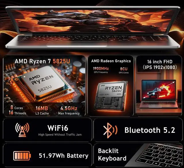 Alt view image 6 of 7 - Laptop ,Gaming Laptop 15.6 FHD , AMD Ryzen 7 5825U, 16GB RAM, 1TB SSD, Windows 11PRO, Graphite, Backlit KB, Gray