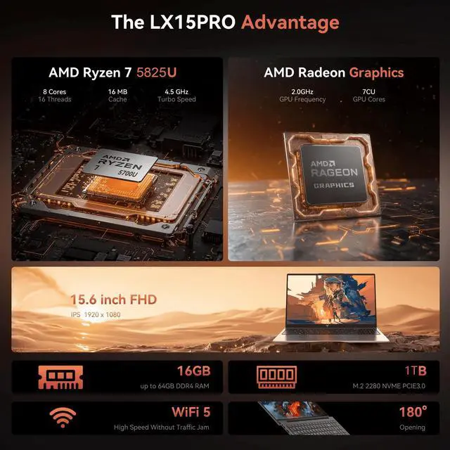Alt view image 3 of 7 - Laptop ,Gaming Laptop 15.6 FHD , AMD Ryzen 7 5825U, 16GB RAM, 1TB SSD, Windows 11PRO, Graphite, Backlit KB, Gray