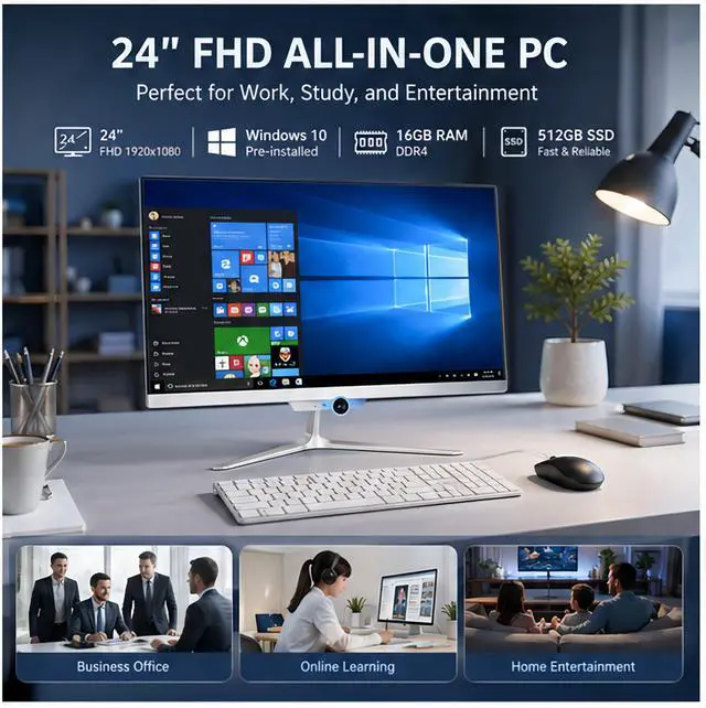 Alt view image 2 of 7 - All in one pc 24" FHD Display Intel Core i7 up to 4.0GHz 16GB RAM 512GB SSD Windows 10,Mouse,Keyboard ,White