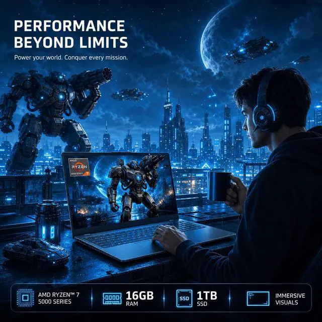 Alt view image 7 of 7 - Laptop 15.6" FHD IPS Gaming Laptop AMD Ryzen 7 5825U 16GB DDR4 512GB SSD Windows 11 Pro Backlit Keyboard Gray Graphite