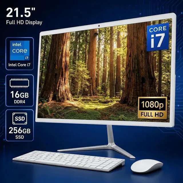 Main image of All-in-One Desktop 21.5 FHD Display, Intel Core i7 Processor Up to 3.3GHz, 16GB RAM 256GB SSD, Windows 10 with Keyboard and Mouse