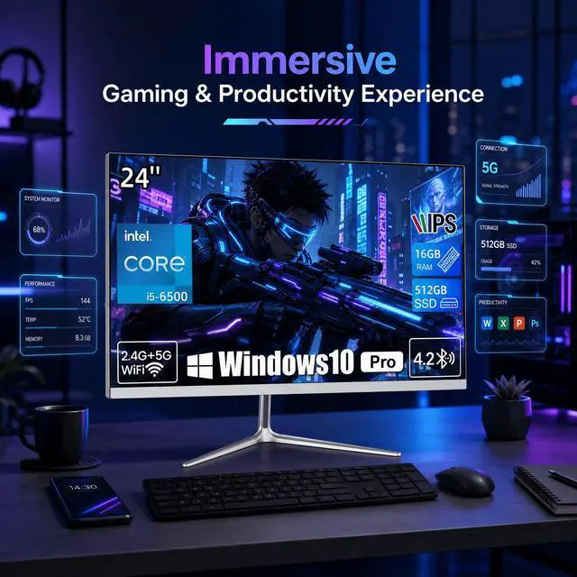 Alt view image 4 of 7 - Toemaagic All-in-One Desktop 24 FHD Display Intel Core i5-6500 16GB RAM 512GB SSD Windows 10,Mouse,Keyboard ,White