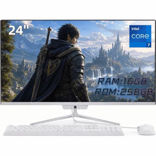 Main image of 24 Inch FHD All-in-One Desktop PC Intel Core i7 4.0GHz 16GB RAM 256GB SSD Windows 10 with Wired Keyboard & Mouse (White)