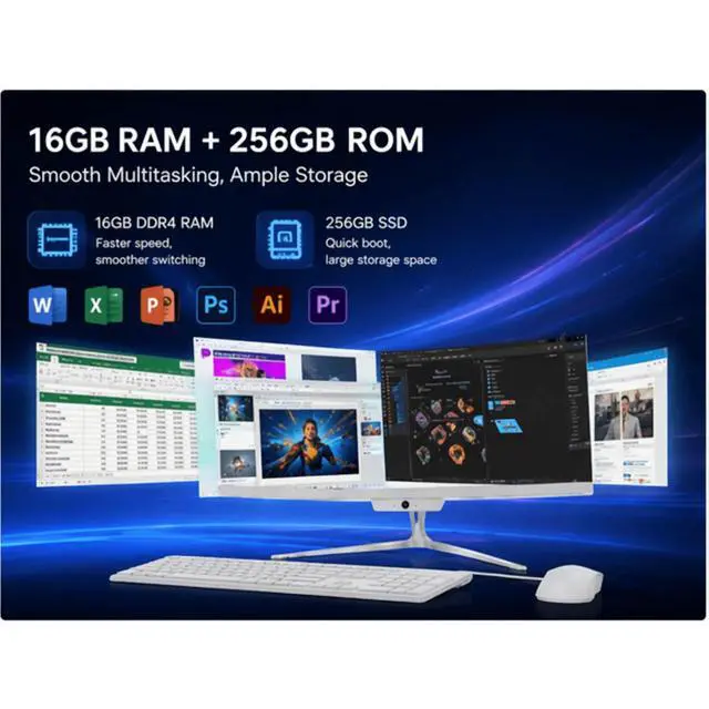Alt view image 2 of 7 - 24 Inch FHD All-in-One Desktop PC Intel Core i7 4.0GHz 16GB RAM 256GB SSD Windows 10 with Wired Keyboard & Mouse (White)