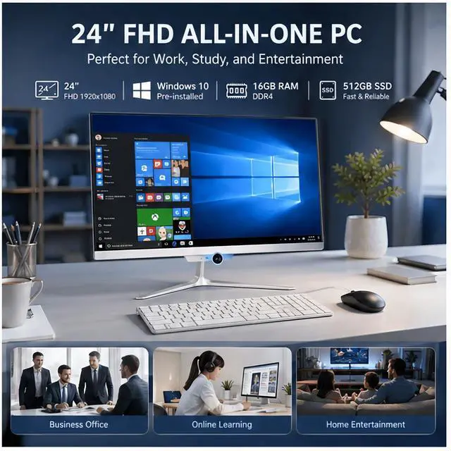 Alt view image 5 of 7 - 24 Inch FHD All-in-One Desktop PC Intel Core i7 4.0GHz 16GB RAM 256GB SSD Windows 10 with Wired Keyboard & Mouse (White)
