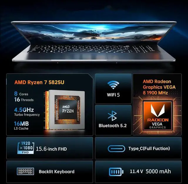 Alt view image 2 of 7 - TOEMAAGIC Laptop ,Gaming Laptop 15.6 FHD , AMD Ryzen 7 5825U, 32GB RAM, 1TB SSD, Windows 11PRO, Graphite, Backlit KB, Gray