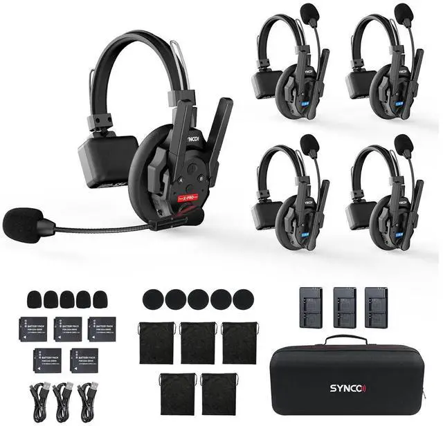 Main image of SYNCO Audio Xtalk XPro5 Full Duplex Wireless Intercom Headset System  5-Pack, 500m Range, Signal Boost, Noise Cancel, Team Communication