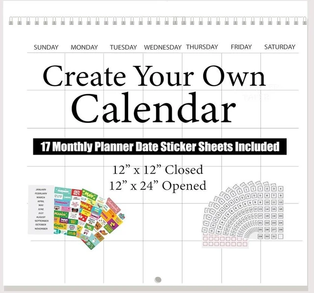 Main image of 17-Month Blank Wall Calendar Planner 2026-2027, Large DIY Custom Monthly Calendar, Spiral-Bound Hanging Scrapbook Calendar with Date Sticker Sheet Included, Home & Office Organizer, 12 x 12 Inch