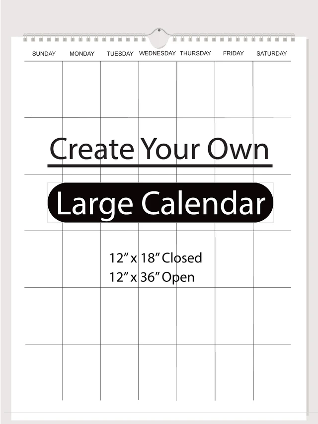 Main image of Large Blank Wall Calendar, DIY Custom Monthly Calendar Planner, Hanging Spiral-Bound Scrapbook Calendar, Personalized Wall Organizer for Home Office, 12 x 18 inch closed and 12 x 36 inch open.