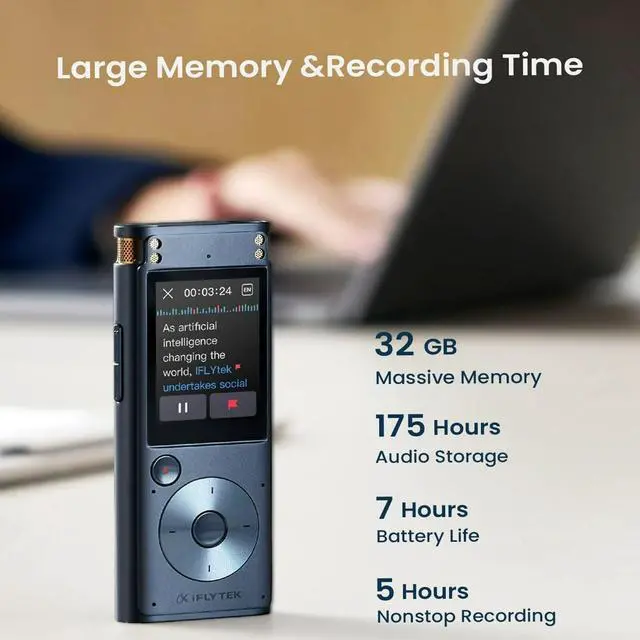 Alt view image 4 of 7 - Offline AI Voice Recorder with Playback, Secure Digital Recorder with 5-Language Voice-to-Text, Noise Reduction, Local Storage for Meetings, Lectures, Interviews & Learning, No Subscription