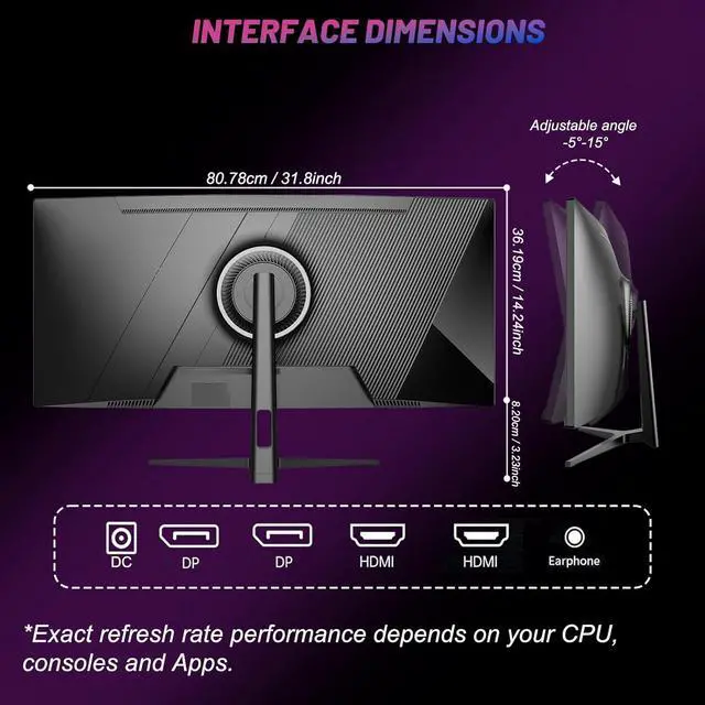 Alt view image 6 of 7 - LXZ 34 Inch Gaming Monitor 1500R, UWQHD(3440 x 1440) 165hz Frameless Display 100% sRGB, Wide Viewing Angle, Display Port HDMI - Black