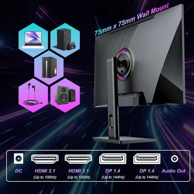 Alt view image 7 of 7 - LXZ 27 inch Gaming Monitor, 144hz Monitor, 3840 * 2160P, 4K UHD, IPS Display, Eye Care, Adjustable Vertical Monitor, Support FreeSync & G-Sync, DP&HDMI, Wall Mount - Black