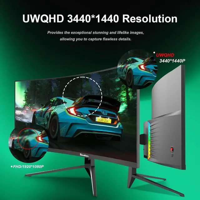 Alt view image 5 of 7 - Sealan 34 Inch Ultrawide Curved Monitor Gaming, 1500R, WQHD 3440x1440p (4K), 165Hz Monitor with RGB Backlight,PIP/PBP,127% sRGB,Crosshair/Timer/FPS/RTS, FreeSync HDMI 2.0 x2 & DP1.4 x 2, VESA 100mm
