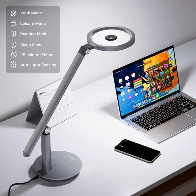 Alt view image 5 of 7 - Honeywell Desk Lamp for Home Office, H6 Sunturalux Eye-Caring Led Desk Light, 800LM Dimmable Desk Lamp with Timer, Touch Control Tall Desk Reading Light, Table Lamp for Circle Webcam, Study, Bedroom