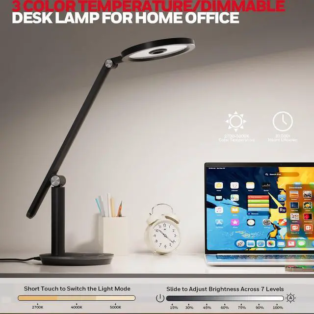 Alt view image 3 of 7 - Honeywell Desk Lamp for Home Office, H6 Sunturalux Eye-Caring Led Desk Light, 800LM Dimmable Desk Lamp with Timer, Touch Control Tall Desk Reading Light, Table Lamp for Circle Webcam, Study, Bedroom