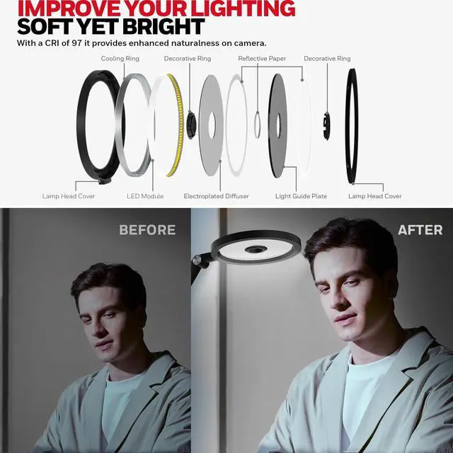 Alt view image 2 of 7 - Honeywell Desk Lamp for Home Office, H6 Sunturalux Eye-Caring Led Desk Light, 800LM Dimmable Desk Lamp with Timer, Touch Control Tall Desk Reading Light, Table Lamp for Circle Webcam, Study, Bedroom