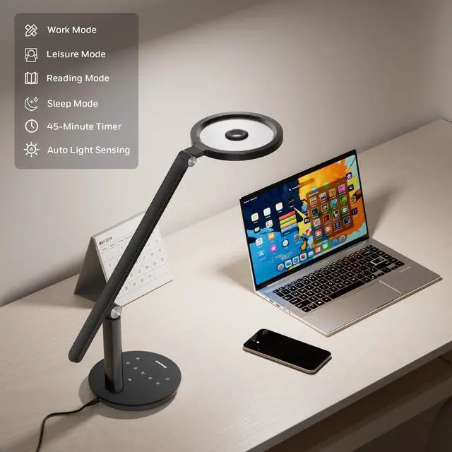 Alt view image 5 of 7 - Honeywell Desk Lamp for Home Office, H6 Sunturalux Eye-Caring Led Desk Light, 800LM Dimmable Desk Lamp with Timer, Touch Control Tall Desk Reading Light, Table Lamp for Circle Webcam, Study, Bedroom