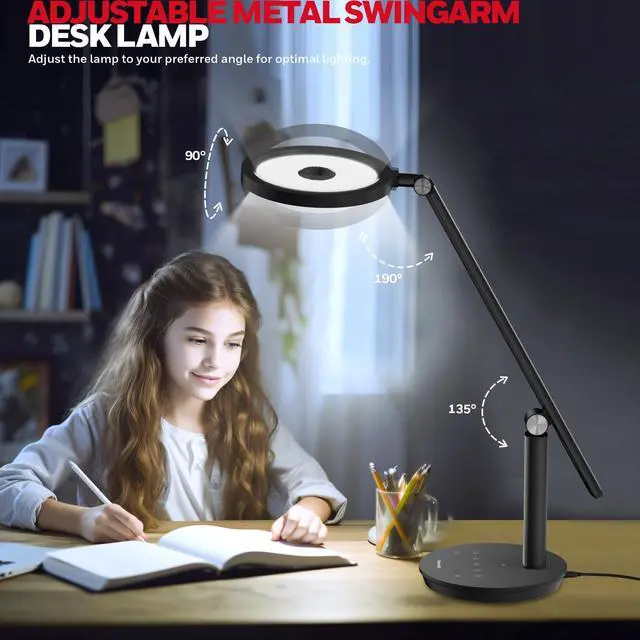 Alt view image 6 of 7 - Honeywell Desk Lamp for Home Office, H6 Sunturalux Eye-Caring Led Desk Light, 800LM Dimmable Desk Lamp with Timer, Touch Control Tall Desk Reading Light, Table Lamp for Circle Webcam, Study, Bedroom