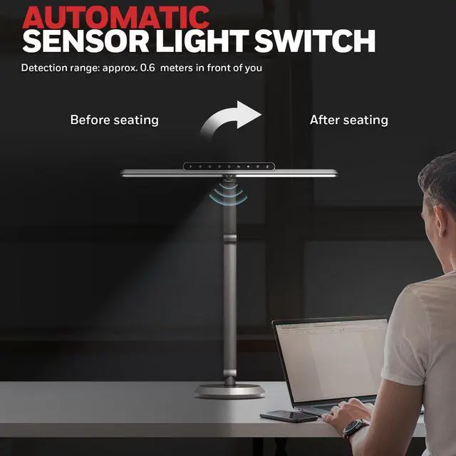 Alt view image 4 of 7 - Honeywell H9 Sunturalux LED Dimmable Desk Lamp with Motion-Sensing | Eye-Caring, CRI91, 2700K-5000K, RG0 Low Blue Light, Stepless Dimming Desk Light, Lamp for Desk, Study, Computer