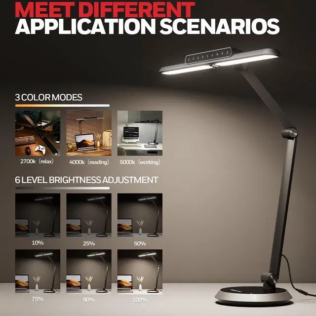 Alt view image 2 of 7 - Honeywell H9 Sunturalux LED Dimmable Desk Lamp with Motion-Sensing | Eye-Caring, CRI91, 2700K-5000K, RG0 Low Blue Light, Stepless Dimming Desk Light, Lamp for Desk, Study, Computer