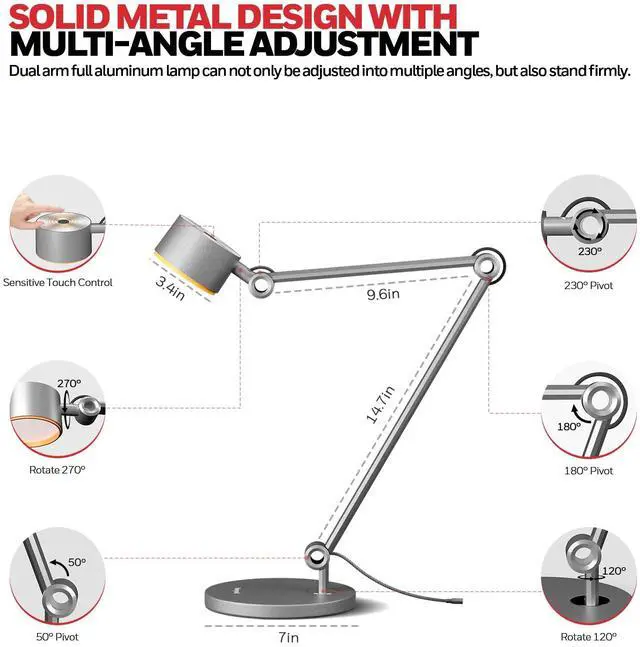 Alt view image 4 of 7 - Honeywell 01A Sunturalux LED Desk Lamp with Swing Arm for Desk Craft | Eye-Caring 4000K Natural Daylight,CIR95 Full Spectrum, Flicker-Free & Low Blue Light, Desk Light for Home Office