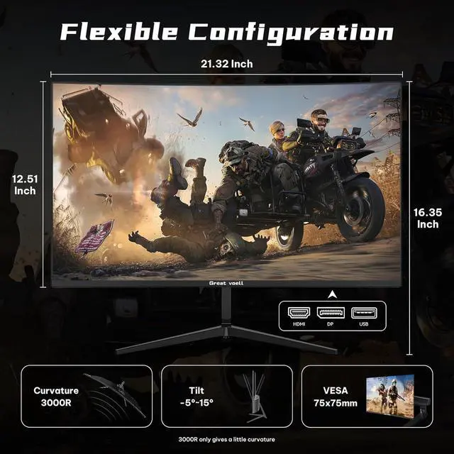 Alt view image 3 of 7 - Great Voell 24-inch 200Hz Curved Gaming Monitor, FHD 1080P, 1ms FreeSync | Fast VA Panel, AMD FreeSync, HDR Support, 98% sRGB Color, Low Motion Blur, FPS Preset, Frameless Design, HDMI and DP, Black,