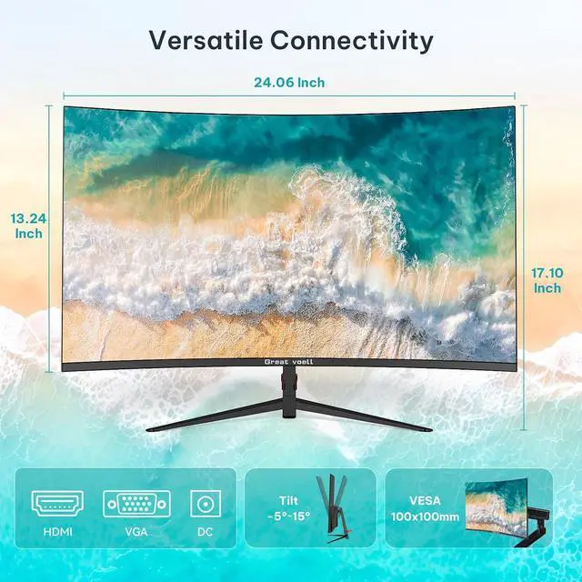 Alt view image 2 of 7 - Great Voell 27-inch Curved Monitor, 120Hz FHD VA Display for Home/Office Use, HDR10 | 99% sRGB Color, 4000:1 Contrast Ratio, HDR10, Eye Care Technology, Game Mode, HDMI/VGA, Black,VESA