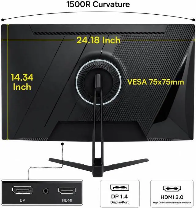 Alt view image 7 of 7 - Great Voell 27-inch 240Hz Curved Gaming Monitor, 2K QHD, 1ms MPRT G-Sync | 1440p HDR VA Panel, 98% sRGB, 1500R Curved, HDMI 2.0 and DP 1.4, Tilt Adjustable, VESA Compatible,Black,immersive