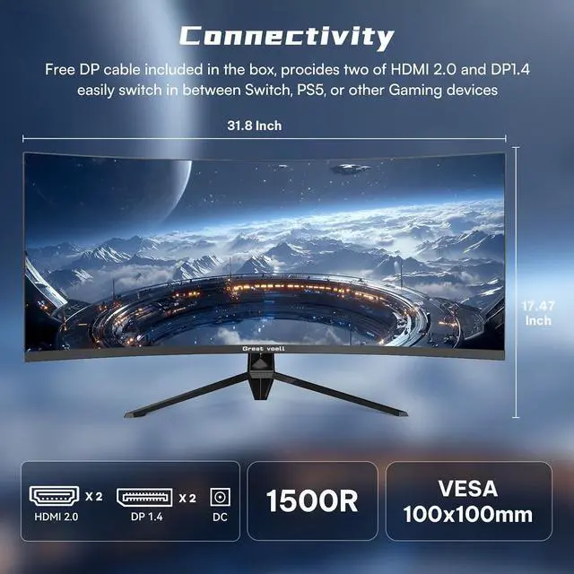 Alt view image 5 of 7 - Great Voell 34-inch Ultrawide Curved Gaming Monitor, 240Hz WQHD, 1ms, 21:9 | 3440x1440p Display, 127% sRGB, G-Sync & FreeSync, 1500R Curve, HDR, PIP/PBP, DP1.4 and HDMI 2.0 Pro ,immersive gaming