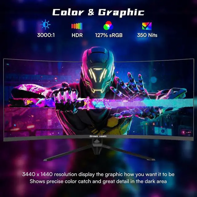 Alt view image 7 of 7 - Great Voell 34-inch Ultrawide Curved Gaming Monitor, 240Hz WQHD, 1ms, 21:9 | 3440x1440p Display, 127% sRGB, G-Sync & FreeSync, 1500R Curve, HDR, PIP/PBP, DP1.4 and HDMI 2.0 Pro ,immersive gaming