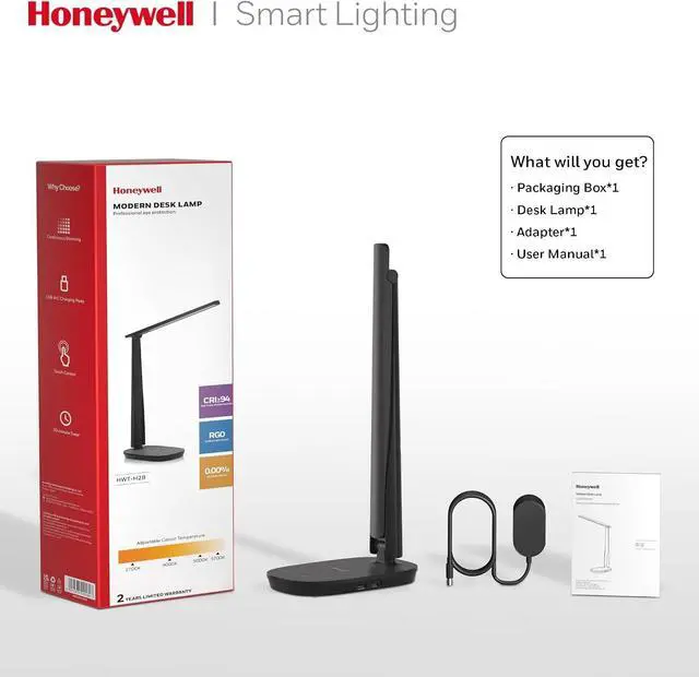 Alt view image 7 of 7 - Honeywell HWT-H2 LED Desk Lamp, Eye-Caring Full Spectrum, USB Charging
