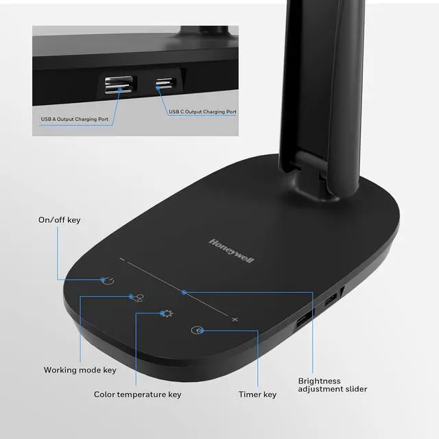 Alt view image 3 of 7 - Honeywell HWT-H2 LED Desk Lamp, Eye-Caring Full Spectrum, USB Charging