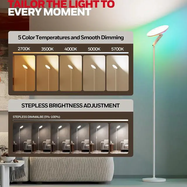 Alt view image 6 of 7 - Honeywell LED Floor Lamp 3000LM Full-Spectrum Torchiere Reading RGB Remote